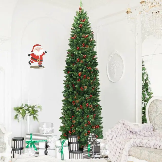 Alt view image 3 of 7 - SlickBlue 7.5 Feet Pre-lit Hinged Pencil Christmas Tree with Pine Cones Red Berries