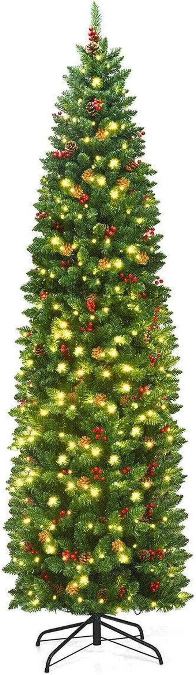 Main image of SlickBlue 7.5 Feet Pre-lit Hinged Pencil Christmas Tree with Pine Cones Red Berries