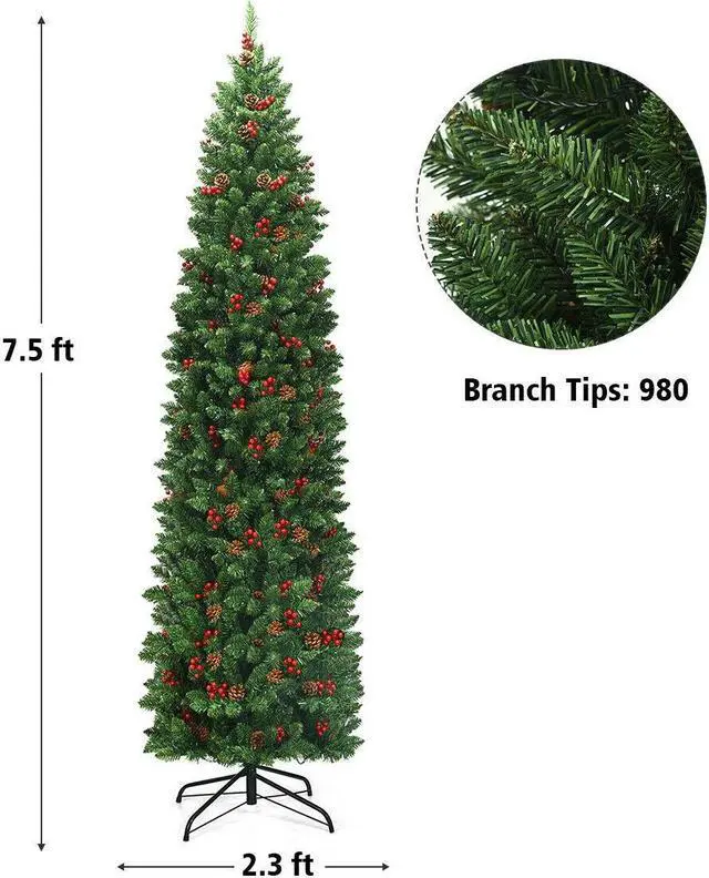 Alt view image 4 of 7 - SlickBlue 7.5 Feet Pre-lit Hinged Pencil Christmas Tree with Pine Cones Red Berries