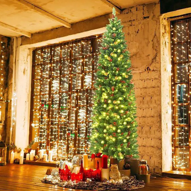 Alt view image 2 of 7 - SlickBlue 7.5 Feet Pre-lit Hinged Pencil Christmas Tree with Pine Cones Red Berries