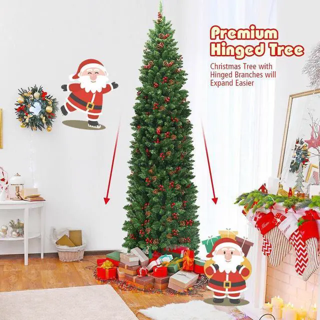 Alt view image 5 of 7 - SlickBlue 7.5 Feet Pre-lit Hinged Pencil Christmas Tree with Pine Cones Red Berries