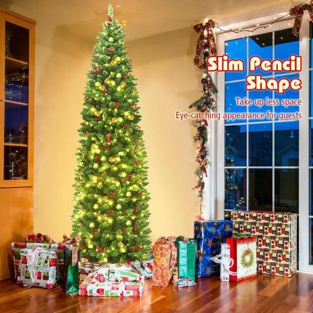 Alt view image 6 of 7 - SlickBlue 7.5 Feet Pre-lit Hinged Pencil Christmas Tree with Pine Cones Red Berries