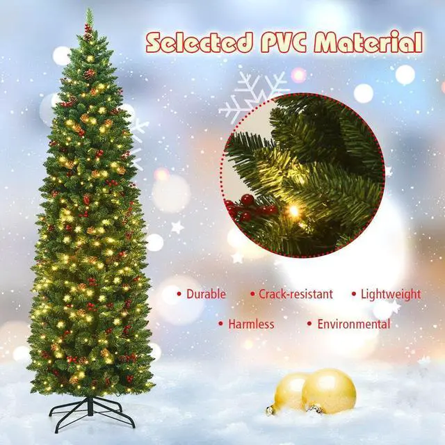 Alt view image 7 of 7 - SlickBlue 7.5 Feet Pre-lit Hinged Pencil Christmas Tree with Pine Cones Red Berries