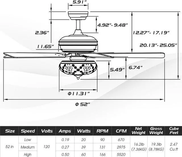 Alt view image 4 of 7 - SlickBlue 52 Inch Ceiling Fan with 3 Wind Speeds and 5 Reversible Blades