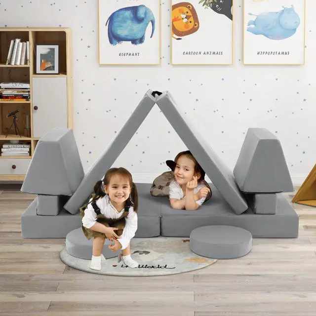 Alt view image 2 of 7 - SlickBlue 10-Piece Kids Play Couch Sofa with Portable Handle-Gray