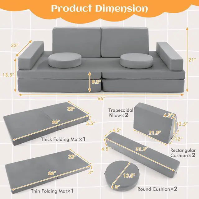 Alt view image 5 of 7 - SlickBlue 10-Piece Kids Play Couch Sofa with Portable Handle-Gray