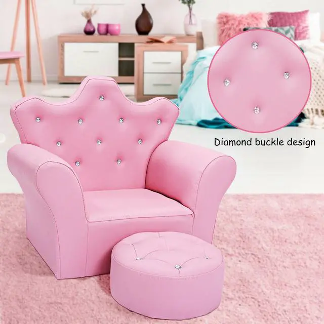 Alt view image 3 of 7 - Children Upholstered Princess Sofa with Ottoman and Diamond Decoration for Boys and Girls