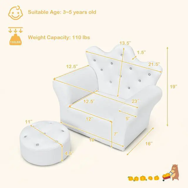 Alt view image 4 of 7 - Children Upholstered Princess Sofa with Ottoman and Diamond Decoration for Boys and Girls