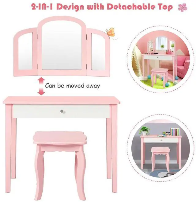 Alt view image 3 of 7 - SlickBlue Kids Princess Make Up Dressing Table with Tri-folding Mirror and Chair