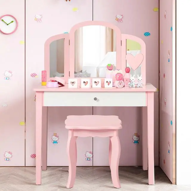 Alt view image 2 of 7 - SlickBlue Kids Princess Make Up Dressing Table with Tri-folding Mirror and Chair