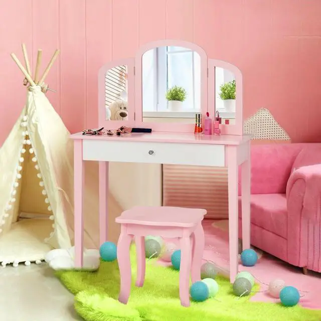Alt view image 6 of 7 - SlickBlue Kids Princess Make Up Dressing Table with Tri-folding Mirror and Chair