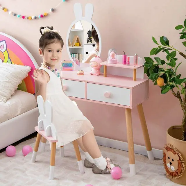 Alt view image 2 of 7 - SlickBlue Kids Vanity Table and Chair Set with Drawer Shelf and Rabbit Mirror