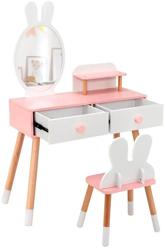 Alt view image 5 of 7 - SlickBlue Kids Vanity Table and Chair Set with Drawer Shelf and Rabbit Mirror