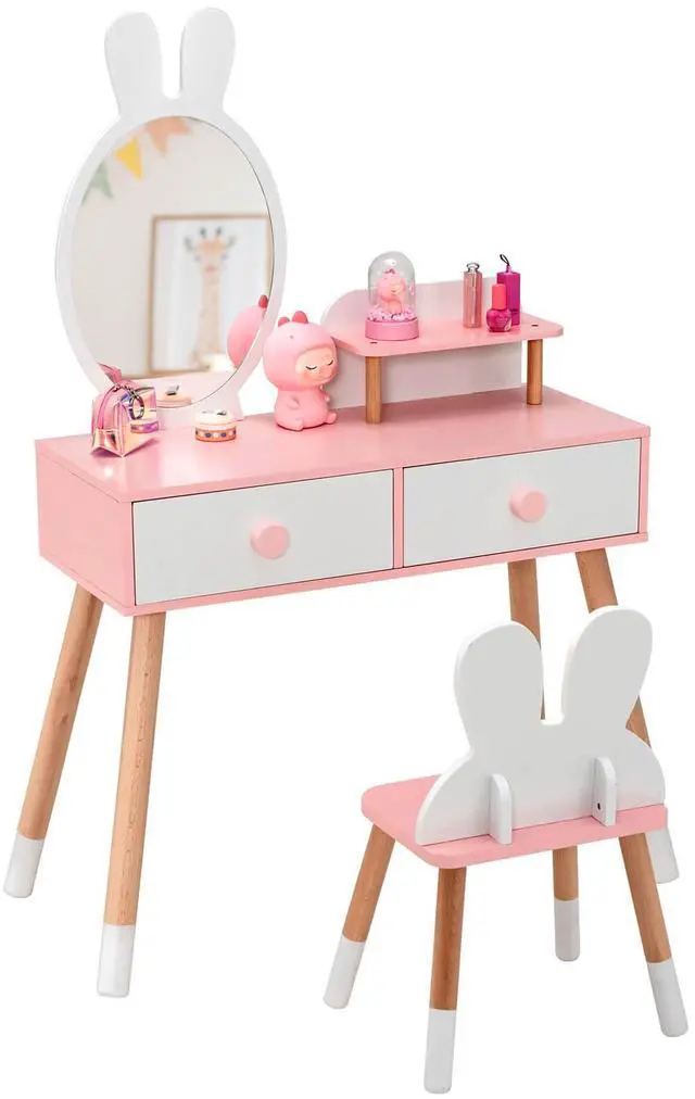 Alt view image 4 of 7 - SlickBlue Kids Vanity Table and Chair Set with Drawer Shelf and Rabbit Mirror