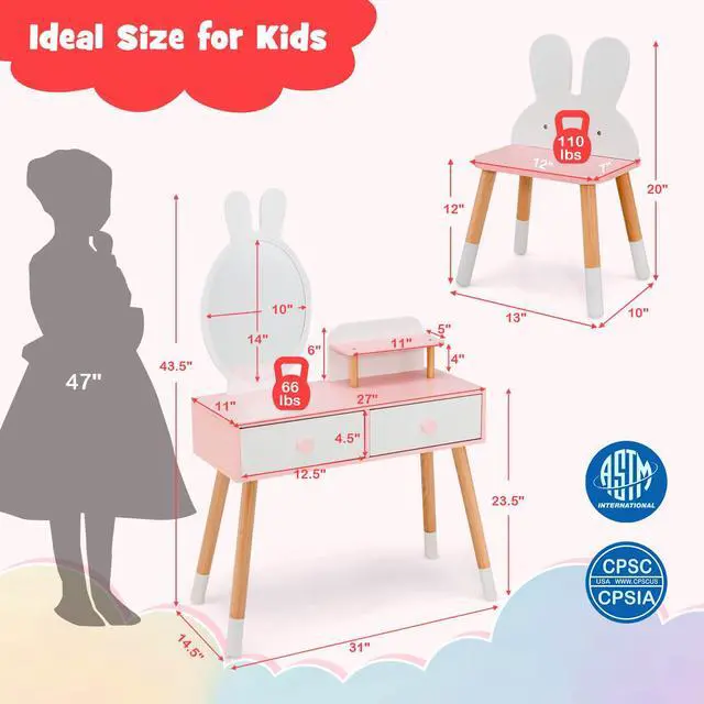 Alt view image 6 of 7 - SlickBlue Kids Vanity Table and Chair Set with Drawer Shelf and Rabbit Mirror