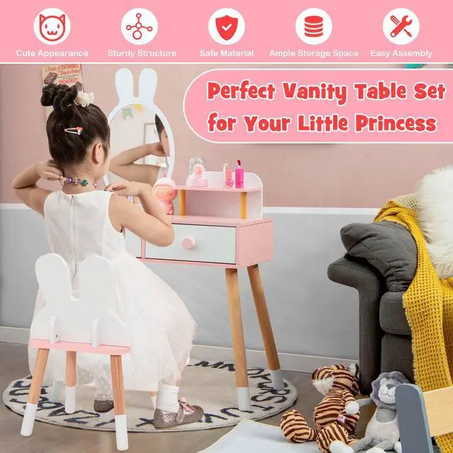Alt view image 7 of 7 - SlickBlue Kids Vanity Table and Chair Set with Drawer Shelf and Rabbit Mirror