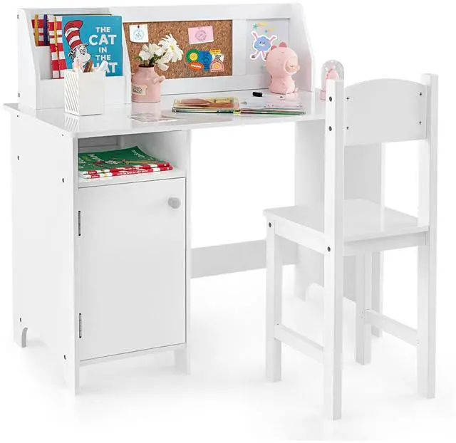 Alt view image 3 of 7 - SlickBlue Wooden Kids Study Desk and Chair Set with Storage Cabinet and Bulletin Board