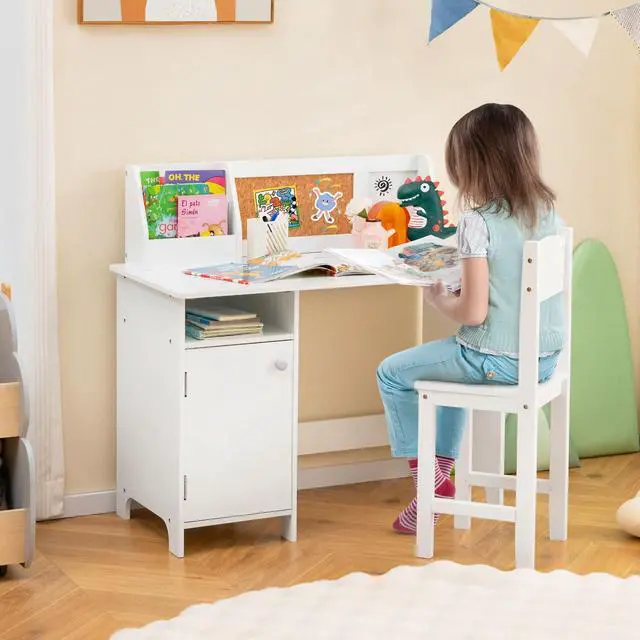 Alt view image 2 of 7 - SlickBlue Wooden Kids Study Desk and Chair Set with Storage Cabinet and Bulletin Board