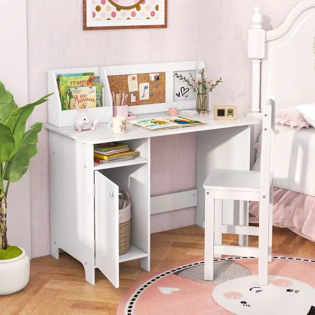 Alt view image 4 of 7 - SlickBlue Wooden Kids Study Desk and Chair Set with Storage Cabinet and Bulletin Board