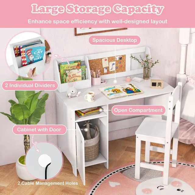 Alt view image 6 of 7 - SlickBlue Wooden Kids Study Desk and Chair Set with Storage Cabinet and Bulletin Board
