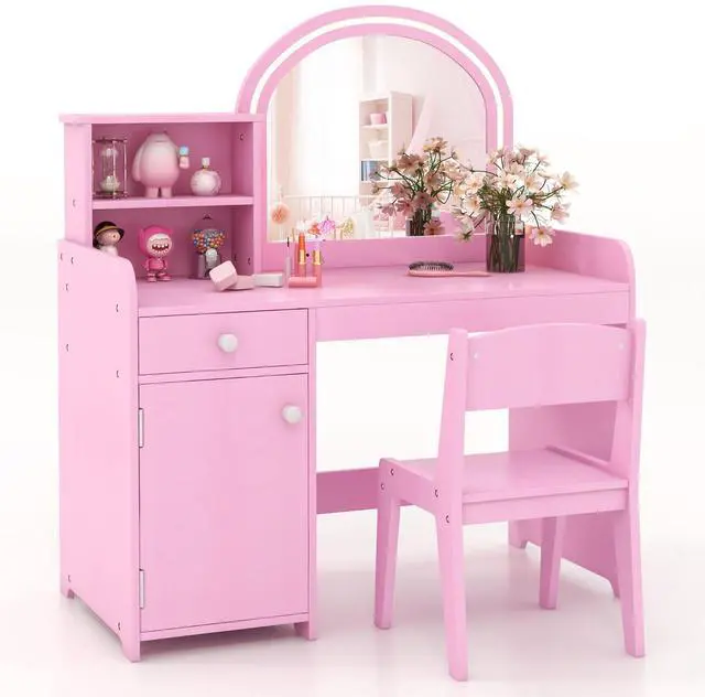 Main image of SlickBlue Kids Vanity Table and Chair Set with Shelves Drawer and Cabinet