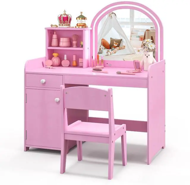 Alt view image 4 of 7 - SlickBlue Kids Vanity Table and Chair Set with Shelves Drawer and Cabinet