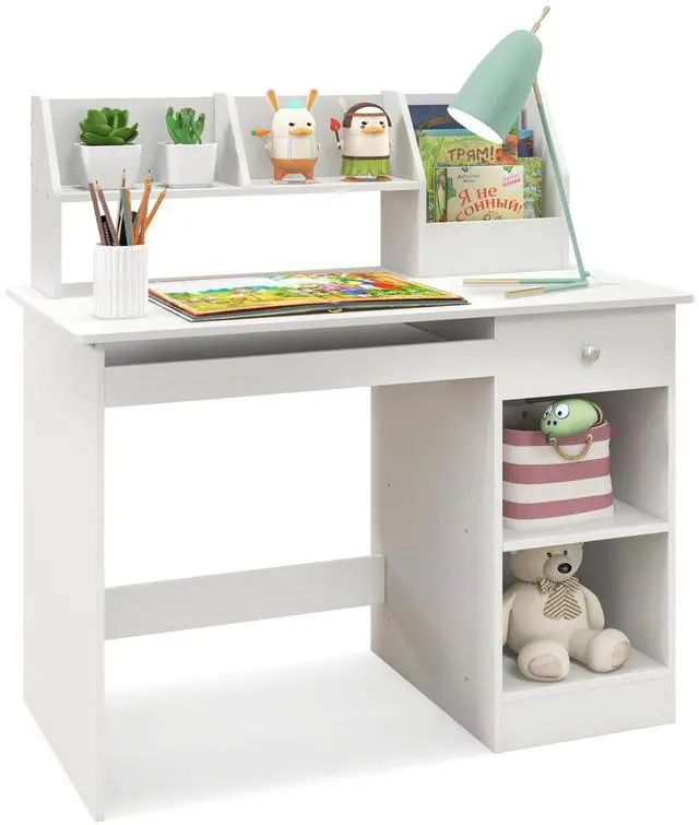 Alt view image 4 of 7 - SlickBlue Kids Study Desk Children Writing Table with Hutch Drawer Shelves and Keyboard Tray