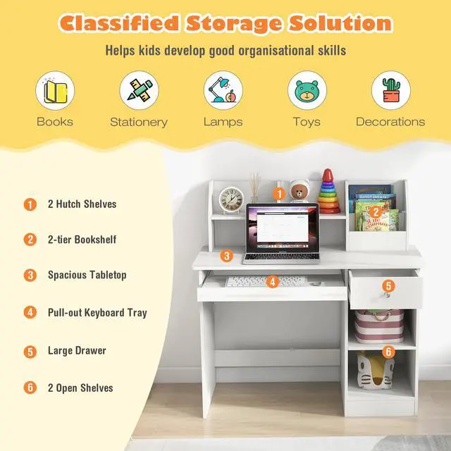 Alt view image 7 of 7 - SlickBlue Kids Study Desk Children Writing Table with Hutch Drawer Shelves and Keyboard Tray