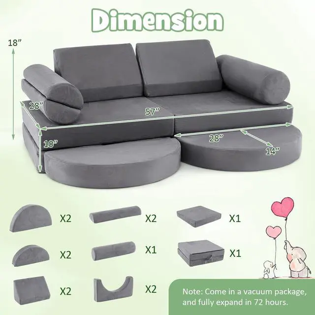 Alt view image 4 of 7 - SlickBlue 13 Pieces Convertible Modular Kids Play Couch for Nursery Playroom Bedroom
