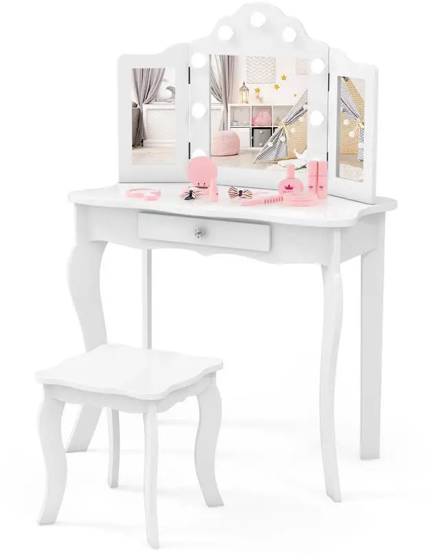 Main image of SlickBlue Kid Vanity Table Stool Set with Tri-Folding Mirror and 3-Color LED Lights
