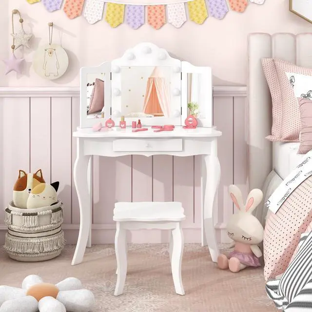 Alt view image 3 of 7 - SlickBlue Kid Vanity Table Stool Set with Tri-Folding Mirror and 3-Color LED Lights