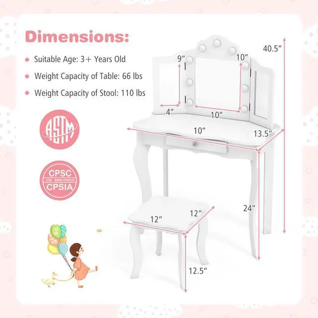 Alt view image 4 of 7 - SlickBlue Kid Vanity Table Stool Set with Tri-Folding Mirror and 3-Color LED Lights