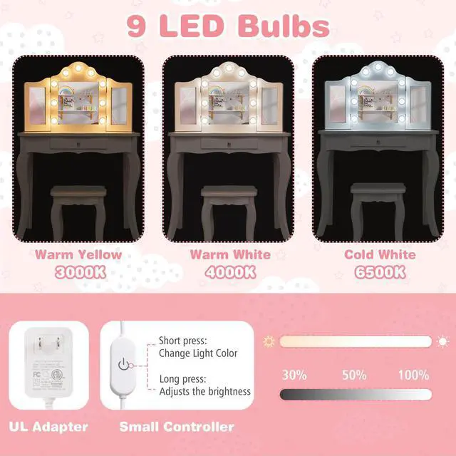 Alt view image 6 of 7 - SlickBlue Kid Vanity Table Stool Set with Tri-Folding Mirror and 3-Color LED Lights