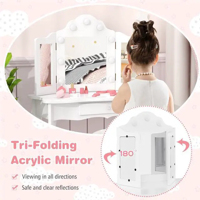 Alt view image 5 of 7 - SlickBlue Kid Vanity Table Stool Set with Tri-Folding Mirror and 3-Color LED Lights