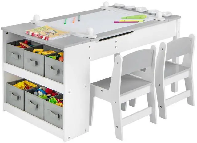 Main image of SlickBlue 2-in-1 Kids Wooden Art Table and Art Easel Set with Chairs Storage Bins Paper Roll