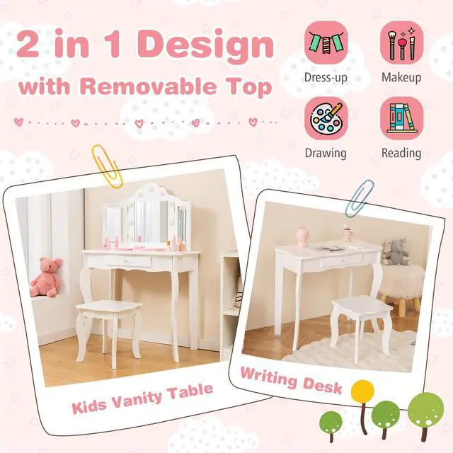 Alt view image 7 of 7 - SlickBlue Kid Vanity Table Stool Set with Tri-Folding Mirror and 3-Color LED Lights