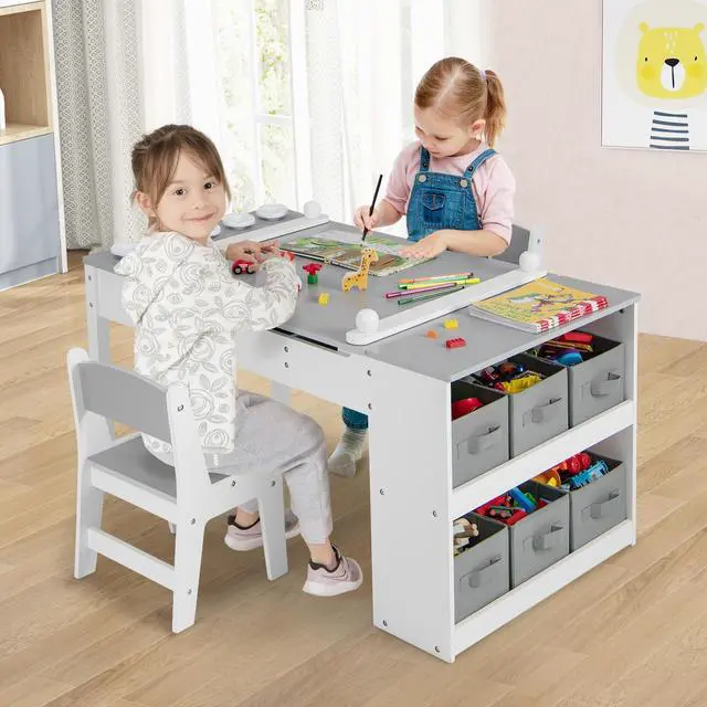 Alt view image 2 of 7 - SlickBlue 2-in-1 Kids Wooden Art Table and Art Easel Set with Chairs Storage Bins Paper Roll