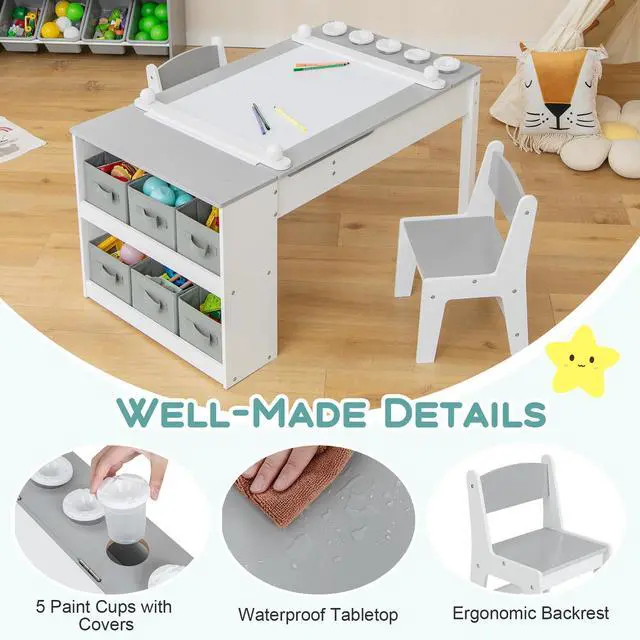 Alt view image 6 of 7 - SlickBlue 2-in-1 Kids Wooden Art Table and Art Easel Set with Chairs Storage Bins Paper Roll