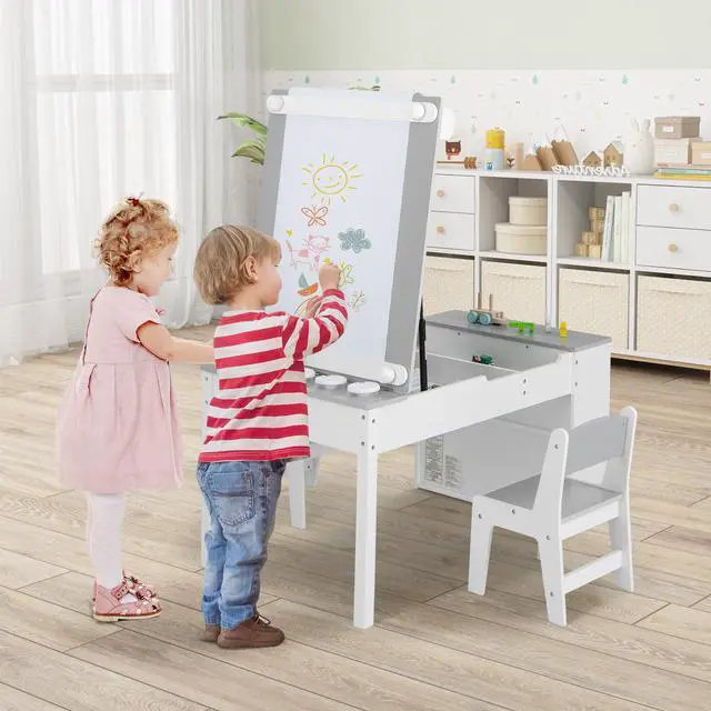 Alt view image 3 of 7 - SlickBlue 2-in-1 Kids Wooden Art Table and Art Easel Set with Chairs Storage Bins Paper Roll