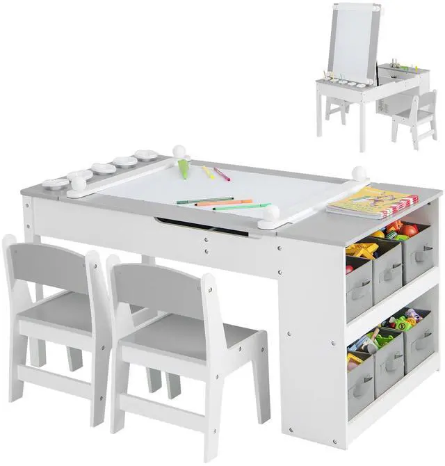 Alt view image 4 of 7 - SlickBlue 2-in-1 Kids Wooden Art Table and Art Easel Set with Chairs Storage Bins Paper Roll