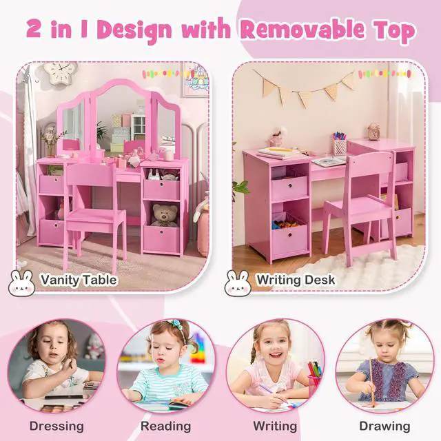 Alt view image 7 of 7 - SlickBlue Kids Vanity Table and Chair Set with Removable Mirrors and 4 Storage Bins