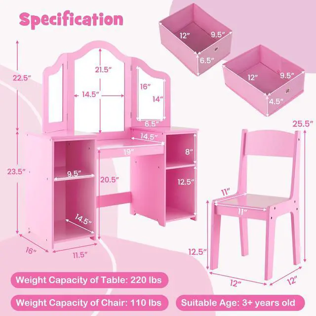 Alt view image 6 of 7 - SlickBlue Kids Vanity Table and Chair Set with Removable Mirrors and 4 Storage Bins