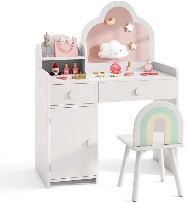 Alt view image 2 of 7 - SlickBlue Kids Vanity Table and Chair Set with Cloud-shaped Mirror and Open Shelf