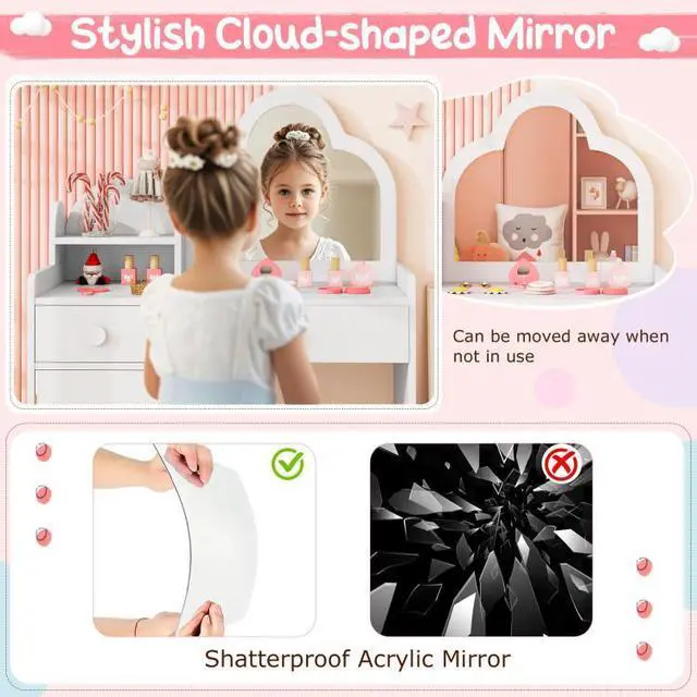 Alt view image 6 of 7 - SlickBlue Kids Vanity Table and Chair Set with Cloud-shaped Mirror and Open Shelf