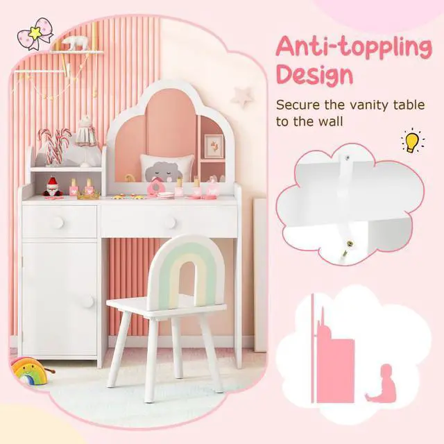Alt view image 7 of 7 - SlickBlue Kids Vanity Table and Chair Set with Cloud-shaped Mirror and Open Shelf