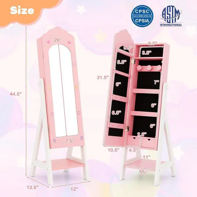 Alt view image 4 of 7 - SlickBlue 2 Pieces Kids Vanity Set and Jewelry Armoire Cabinet with Full-length Mirror