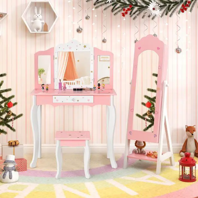 Alt view image 2 of 7 - SlickBlue 2 Pieces Kids Vanity Set and Jewelry Armoire Cabinet with Full-length Mirror