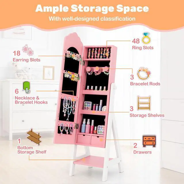 Alt view image 6 of 7 - SlickBlue 2 Pieces Kids Vanity Set and Jewelry Armoire Cabinet with Full-length Mirror
