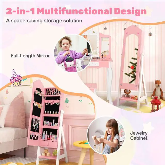 Alt view image 7 of 7 - SlickBlue 2 Pieces Kids Vanity Set and Jewelry Armoire Cabinet with Full-length Mirror
