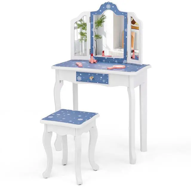 Alt view image 3 of 3 - SlickBlue Princess Pretend Play Makeup Table and Stool Set with Tri-folding Mirror